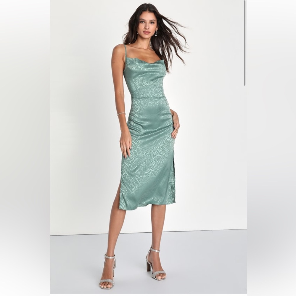 Total Stunner Sage Green Satin Jacquard Cowl Neck Midi Dress